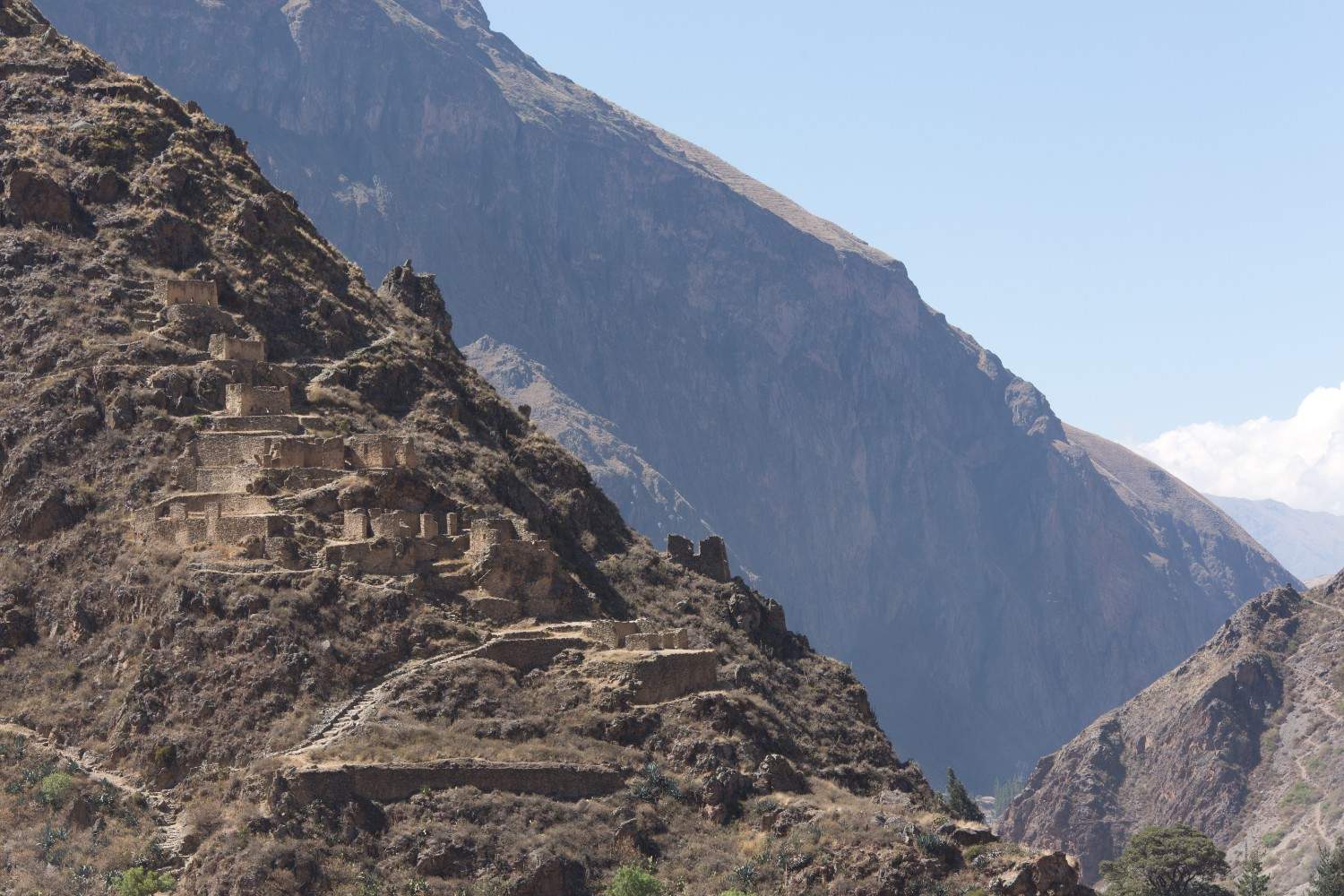 Antiguas colcas incas de Pinkuylluna construidas en la pendiente con vista a Ollantaytambo, en el Valle Sagrado de Perú, parte del sistema de almacenamiento agrícola inca.