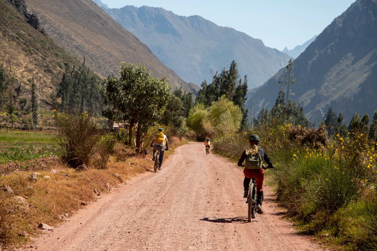 Cyclists riding along a rural path in the Sacred Valley of the Incas, surrounded by mountains and Andean fields – mountain biking and adventure tourism in the Peruvian Andes.