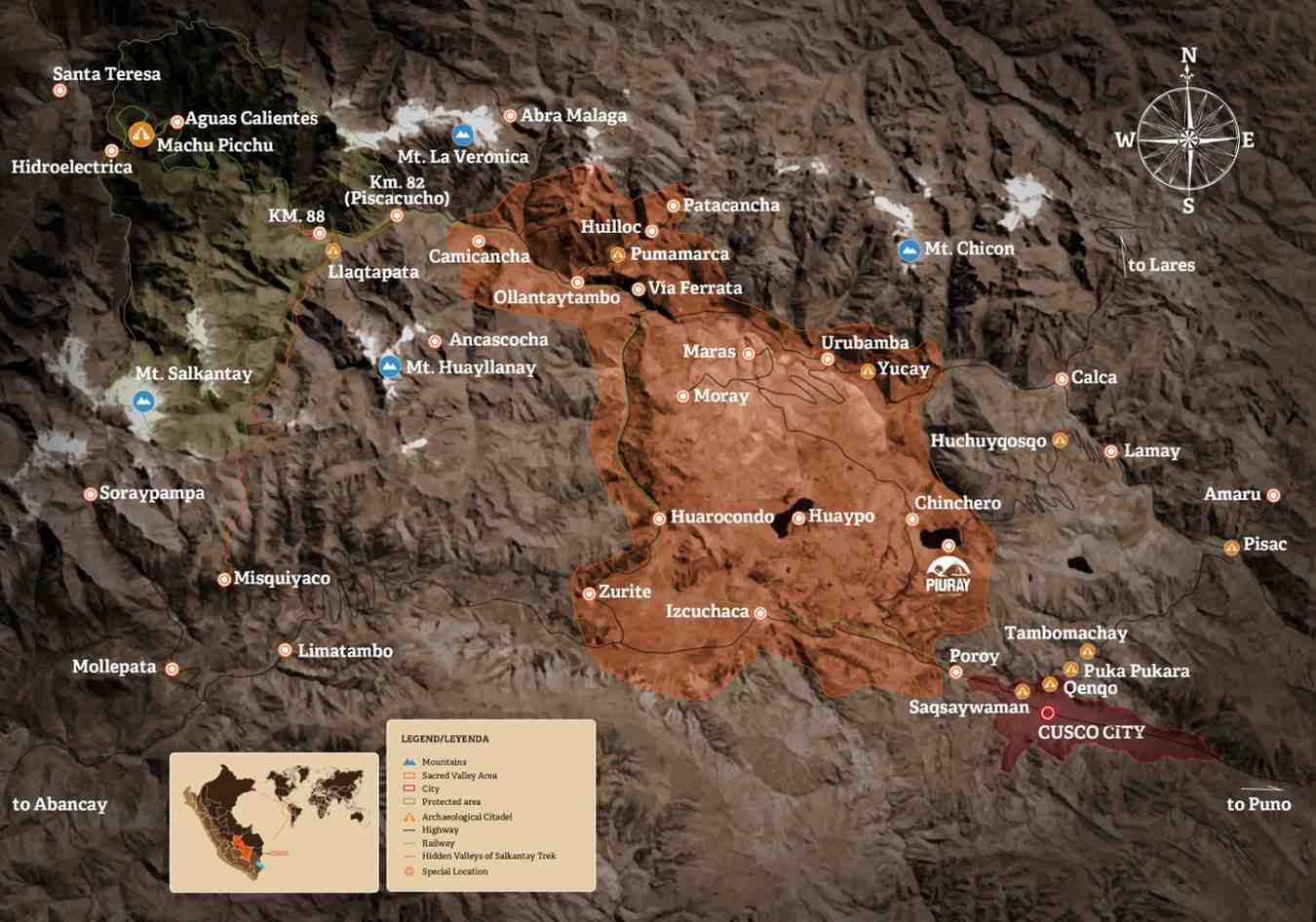 Mapa del Valle Sagrado de los Incas en Perú, con pueblos, sitios arqueológicos como Pisac, Ollantaytambo y Moray, y montañas cercanas como Salkantay y La Verónica.