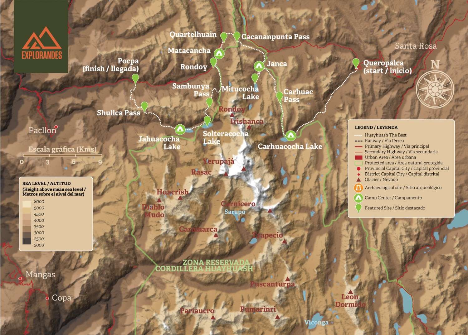 Topographic map of the “Best of Huayhuash” route in the Cordillera Huayhuash, featuring campsites, high mountain passes, and main lakes along the trek.