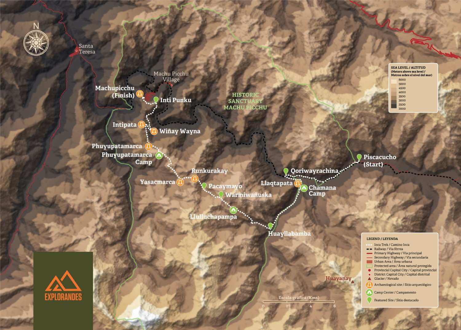 Mapa topográfico del Camino Inca desde Piscacucho hasta Machu Picchu, con campamentos, sitios arqueológicos y principales pasos de montaña en los Andes peruanos.