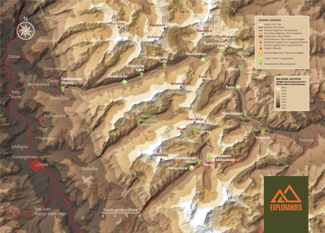 Mapa topográfico del Santa Cruz Trek en la Cordillera Blanca del Perú, que muestra la ruta, campamentos, pasos de montaña y picos circundantes.