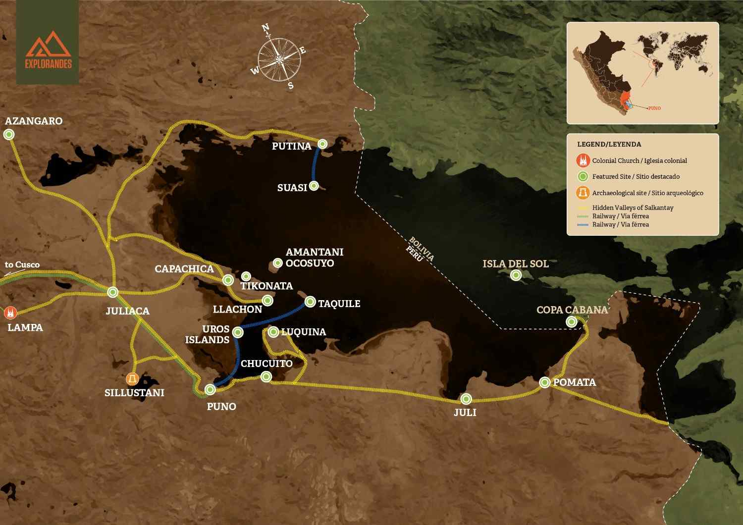 Map of Lake Titicaca showing Puno, Juliaca, and key islands such as Uros, Taquile, Amantani, Suasi, and Isla del Sol, along with nearby towns and main travel routes between Peru and Bolivia.