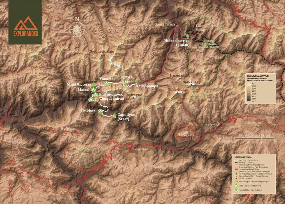 Mapa topográfico de la ruta de trekking de 7 días y 6 noches de Choquequirao a Machu Picchu, con campamentos, sitios arqueológicos y pasos de montaña en los Andes peruanos.